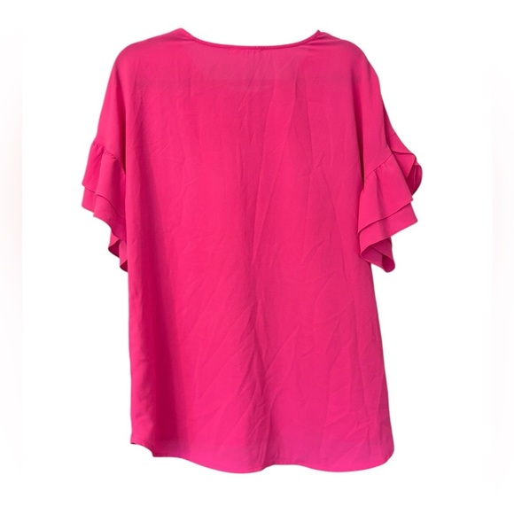 Pleione Hot Pink Ruffle Short Sleeve Blouse Crew Neck Flowy Size XS - Picture 2 of 4